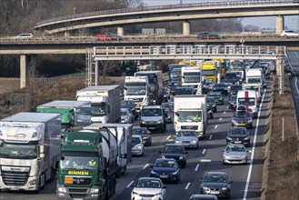 Traffic jam on the A3 motorway, at the Köln-Ost junction, heading south, four lanes jammed with