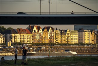 Skyline of Düsseldorf on the Rhine, Oberkassler Bridge, Old Town, riverside promenade, Düsseldorf,