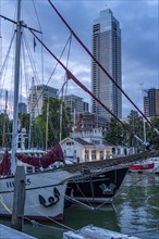 Rotterdam, skyline on the Nieuwe Maas, Veerhaven, historic ships, sailing boats, pier, Netherlands