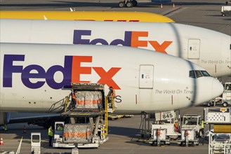 Cologne-Bonn Airport, CGN, FedEx cargo planes standing in front of the air cargo centre, being