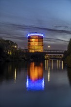 Neue Mitte Oberhausen, Gasometer exhibition hall, after renovation, Rhine-Herne Canal, evening