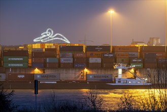 Container Handling Centre, Gateway West Terminal, Logport 2, cargo ship, in Duisburg on the Rhine,