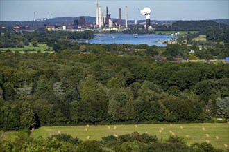 View across the Rhine to the Thyssenkrupp Steel steelworks in Duisburg-Beeckerwerth, blast