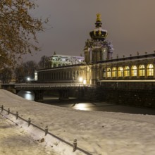 Old Town in the snow, Long Gallery and Crown Gate of the Zwinger at night, Dresden, Saxony,