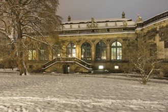 Old Town in the snow, porcelain pavilion of the Zwinger, exterior view at night, Dresden, Saxony,