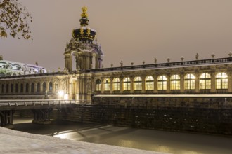 Old Town in the snow, Long Gallery and Crown Gate of the Zwinger at night, Dresden, Saxony,