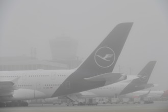 Lufthansa, Airbus, A380-800 at check-in position in the fog, satellite, Terminal 2, Munich Airport,