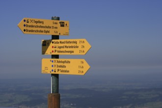 Signpost for hikers on the Tegelberg near Füssen, Ostallgäu, Swabia, Bavaria, Germany, Europe