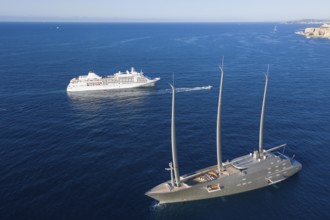 Aerial view 143 metre long three-master Sailing Yacht A, largest sailing yacht in the world, built