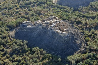 Abandoned settlement on a rock, aerial view, near Khaybar, Medina province, Saudi Arabia, Arabian