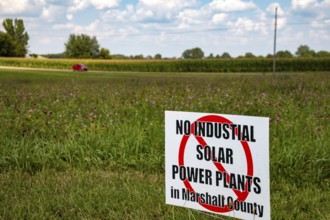 Rutland, Indiana, A sign along a rural road opposes a solar power installation in Marshall County