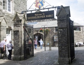 Traditional market place and building with welcome sign, Pannier Market, Tavistock, Devon, England,