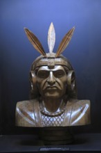 Bust Inca Emperor Atahualpa in exhibition about exploration and conquest of South America,