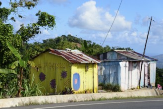 Houses made of corrugated iron on the roadside with colourful murals against a tropical background,