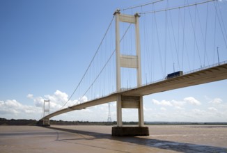 The old 1960s Severn bridge crossing between Beachley and Aust, Gloucestershire, England, UK