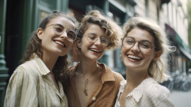 Three girlfriends laughing and walking the streets of europe, generatvie AI, AI generated