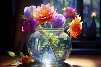 Transparent crystal glass vase with vibrant blooming flowers, AI generated