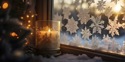 Snow-covered window with frost patterns, candlelight softly glowing through the glass, and warm,