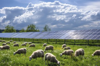 Domestic sheep (Ovis) grazing in a meadow between solar panels, solar park, photovoltaic system, AI