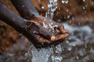 Black person's hand catching water in cupped hand. KI generiert, generiert, AI generated