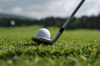 Close up of golf ball and club on grass. Generative AI, AI generated