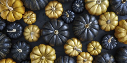 Banner with golden and black painted pumpkins. Generative Ai, AI generated