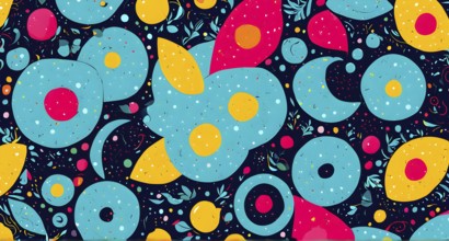 Playful, abstract illustration features a seamless pattern of whimsical hand-drawn shapes and icons