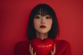 Asian woman holding small red heart shaped Valentine's Day balloon. Generative AI, AI generated