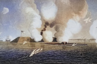 First naval battle between ironclads. The Confederate CSS Virginia, formerly Merrimack, on the left