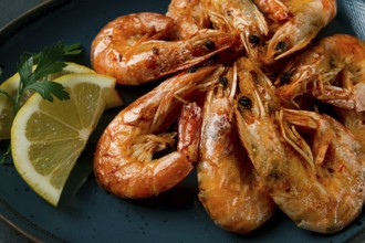 Fried with spices, King prawns, undivided, top view, selective focus, seafood, shrimp, no people