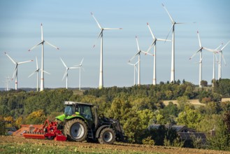 Wind farm above the village of Lichtenau, self-proclaimed energy town, houses with photovoltaic