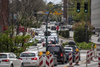 City centre traffic, rush hour, disruption due to roadworks, Kruppstrasse in the city centre of