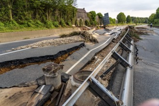 Flood on the Erft, here the federal road B265 destroyed by the water, Erftstadt, North