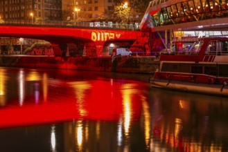 Illuminated Franz-Josefs Quay and Schwedenbrücke, on the Danube Canal, night shot, Vienna, Austria,