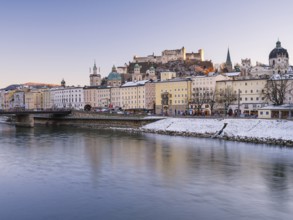 Winter Salzburg in the last light, Old Town, Cathedral, Fortress Hohen Salzburg, Salzach, Salzburg,