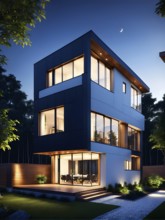 Three dimensional rendering of an illuminated modern ecological real estate residential house, AI