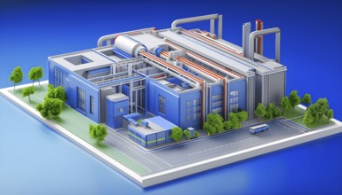 Three dimensional rendering of a model of a modern factory, AI generated