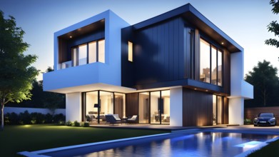 Three dimensional rendering of an illuminated modern ecological real estate residential house, AI