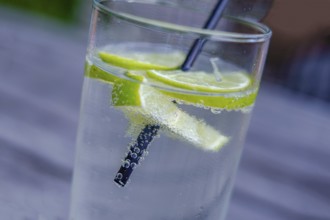 Glass with mineral water, lemon slices and straw