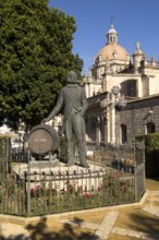 Cathedral church in Jerez de la Frontera, Cadiz province, Spain with Tio Pepe statue