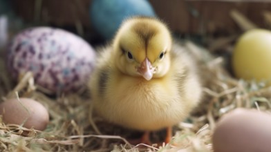 Cute newborn chick next to colorful easter eggs, generative AI, AI generated