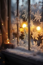 Snow-covered window with frost patterns, candlelight softly glowing through the glass, and warm,