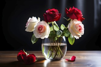 Transparent crystal glass vase with white and red blooming roses, AI generated