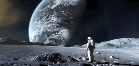 An astronaut stands on a lunar-like surface gazing at an immense planet rising, AI generated