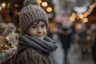 Oung boy child with winter clothes with knitted hat at christmas market. Generative Ai, AI