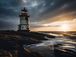 Abandoned lighthouse with an unlit beacon on a tumultuous sea, AI generated