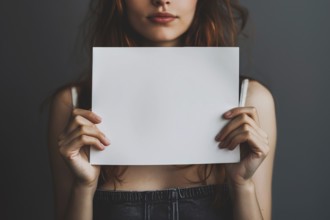 White empty sign being held by woman in front of dark background. KI generiert, generiert, AI