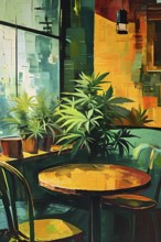 Abstract composition of a cannabis cafe with ambiance bold contrasting colors and playful shapes,