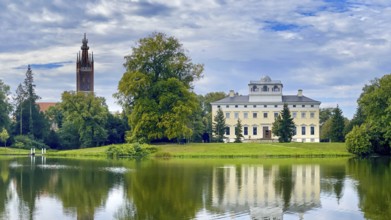 Wörlitz Park with a view of Wörlitz Palace, church, Dessau-Wörlitz Garden Kingdom, Unesco World