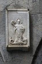 Historical depiction of St Syrus, Bishop of Genoa and the Basilisk, 4th century, Old Town, Genoa,